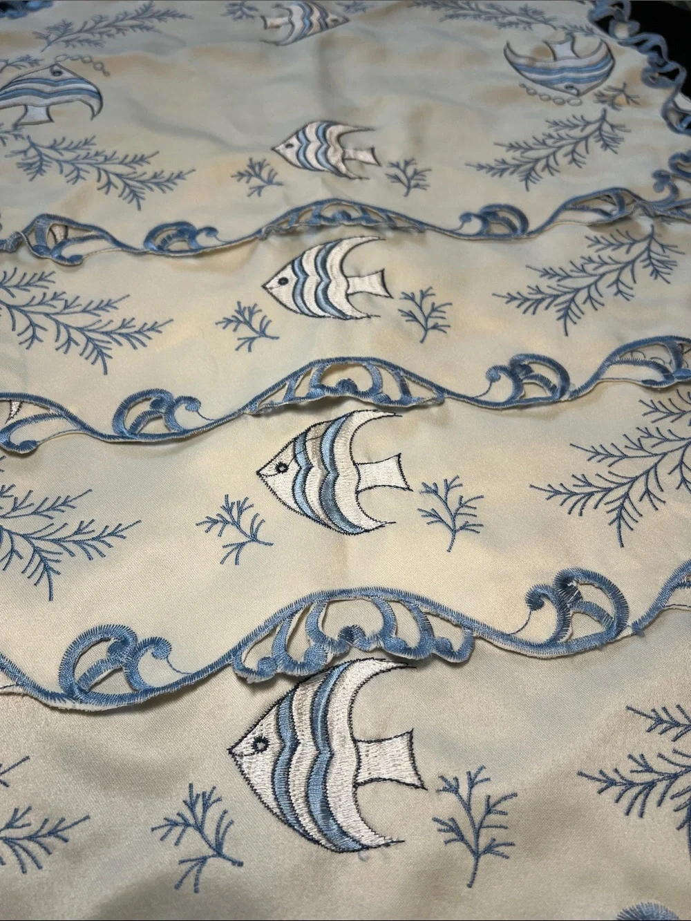 Set of 4 Vintage Blue and White Embroidered Nautical Beach House Fish Placemats